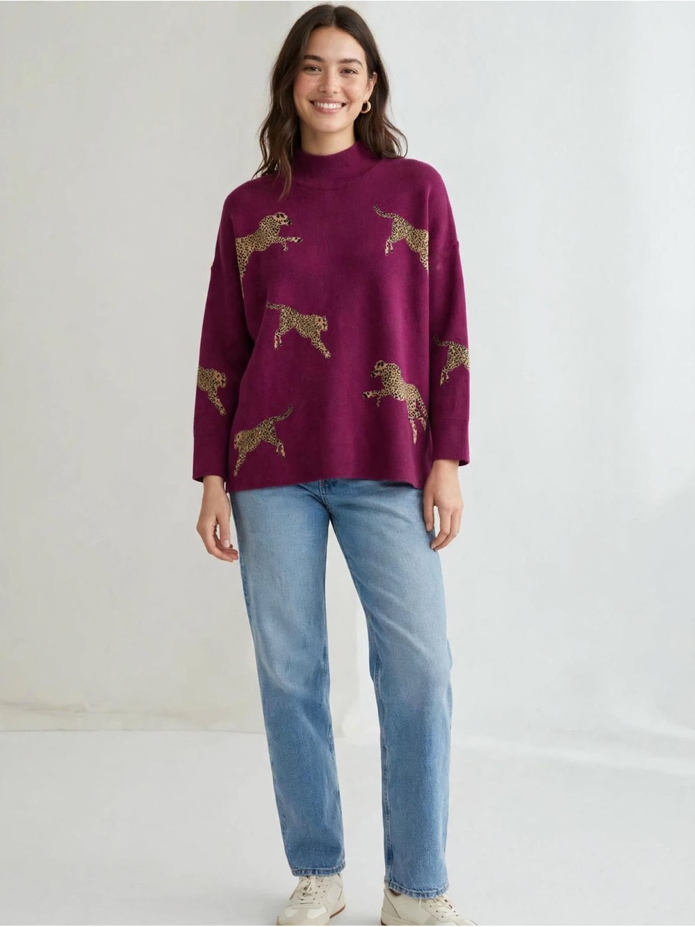 Entro size L Burgundy Cheetah Sweater Magenta mock Neck Oversized Leopard knit